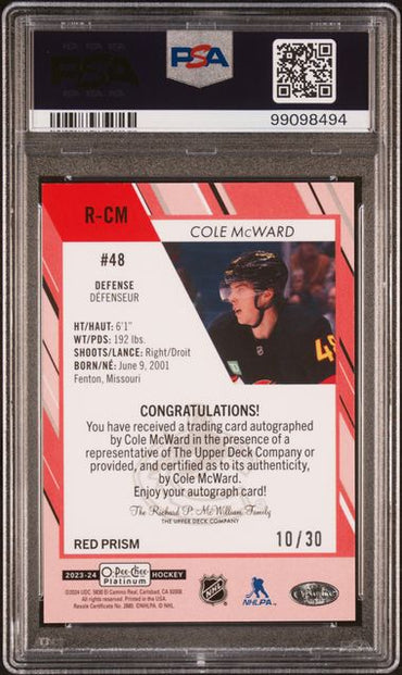 2023 O-PEE-CHEE PLATINUM ROOKIE AUTOGRAPHS COLE MCWARD   RCM  ROOKIE AUTOGRAPH-RED PRISM PSA NM-MT 8