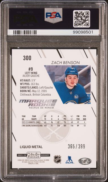 2023 O-PEE-CHEE PLATINUM ZACH BENSON   300  LIQUID METAL PSA GEM MT 10  /399