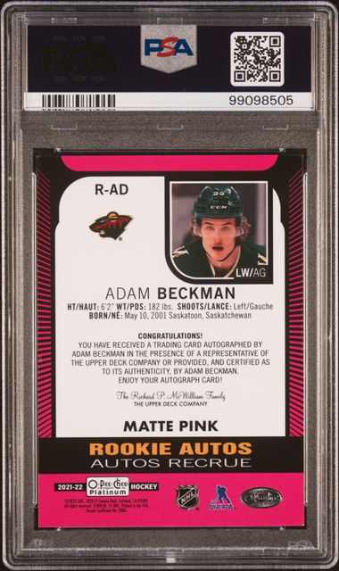 2021 UPPER DECK O-PEE-CHEE PLATINUM ADAM BECKMAN #RAD RC AUTO MATTE PINK PSA 8