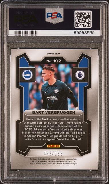2023-24 PANINI PRIZM PREMIER LEAGUE BART VERBRUGGEN   102  RED PRIZM PSA GEM MT 10  /199