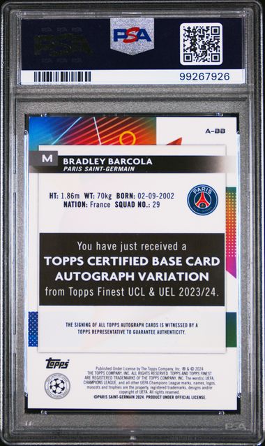 2023-24 TOPPS FINEST UEFA CLUB COMPETITIONS AUTOS BRADLEY BARCOLA ABB PSA 9
