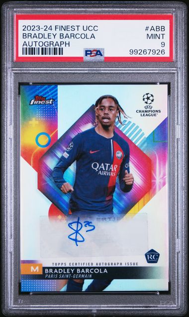 2023-24 TOPPS FINEST UEFA CLUB COMPETITIONS AUTOS BRADLEY BARCOLA ABB PSA 9