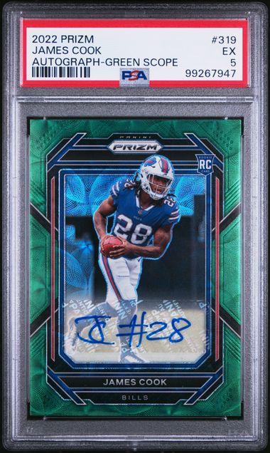 2022 PANINI PRIZM JAMES COOK   319  AUTOGRAPH-GREEN SCOPE PSA EX 5  /75