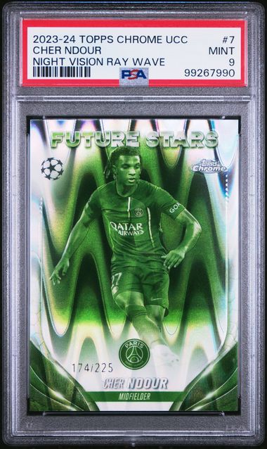 2023-24 TOPPS CHROME UEFA CLUB COMPETITIONS CHER NDOUR   7  NIGHT VISION RAY WAVE PSA MINT 9  /225