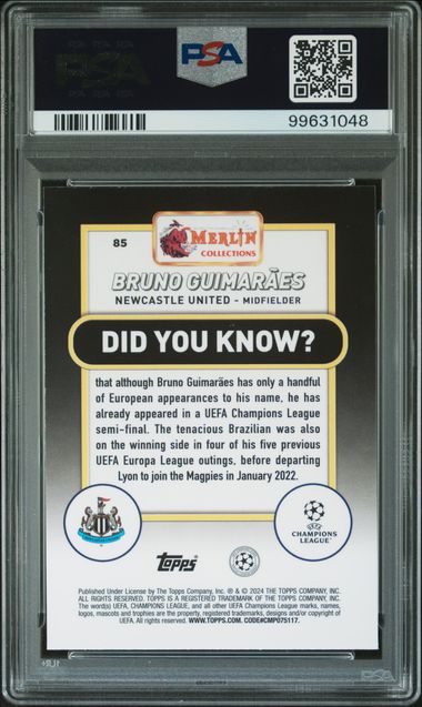 2023-24 TOPPS MERLIN UEFA CLUB COMPETITIONS BRUNO GUIMARAES   85  GREEN MOJO PSA GEM MT 10  /99