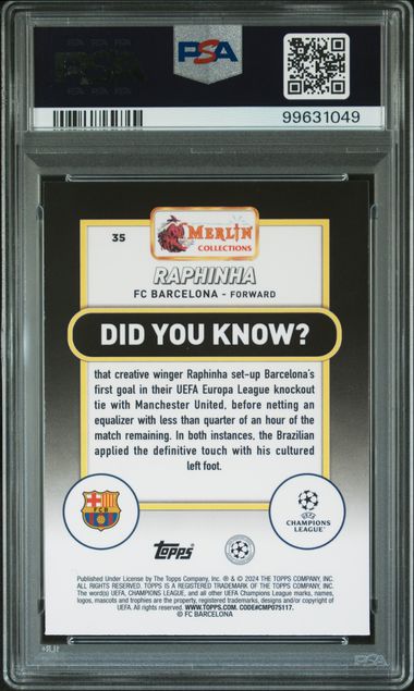 2023-24 TOPPS MERLIN UEFA C.C. RAPHINHA 35 NEON GREEN SHIMMER PSA 9 /399