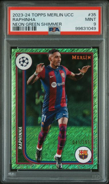 2023-24 TOPPS MERLIN UEFA C.C. RAPHINHA 35 NEON GREEN SHIMMER PSA 9 /399