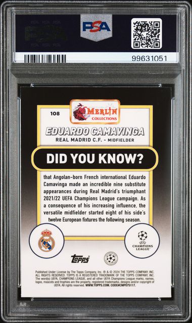 2023-24 TOPPS UEFA CLUB COMPETITIONS EDUARDO CAMAVINGA 108 GREEN REF. PSA 9 /99