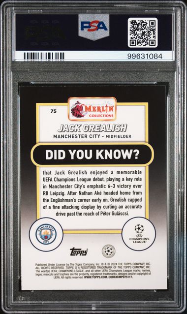 2023-24 TOPPS MERLIN UEFA C.C. JACK GREALISH 75 GREEN MOJO PSA 10 /99