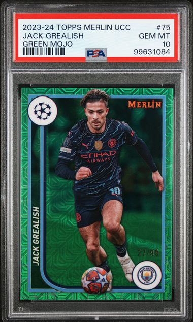 2023-24 TOPPS MERLIN UEFA C.C. JACK GREALISH 75 GREEN MOJO PSA 10 /99