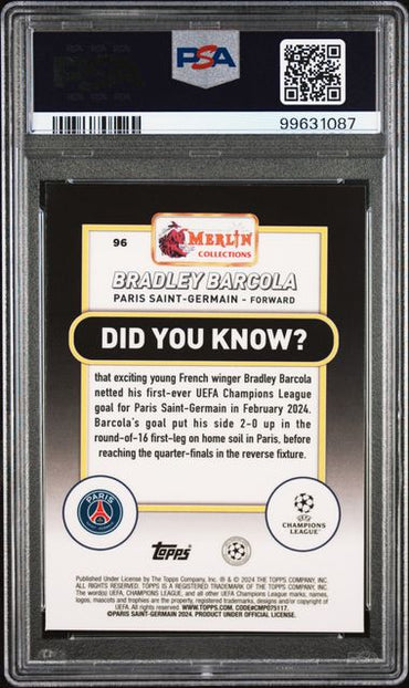 2023-24 TOPPS MERLIN UEFA CLUB COMPETITIONS BRADLEY BARCOLA   96  VINTAGE MERLIN REFRACTOR PSA NM-MT 8