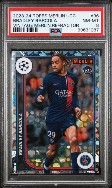 2023-24 TOPPS MERLIN UEFA CLUB COMPETITIONS BRADLEY BARCOLA   96  VINTAGE MERLIN REFRACTOR PSA NM-MT 8