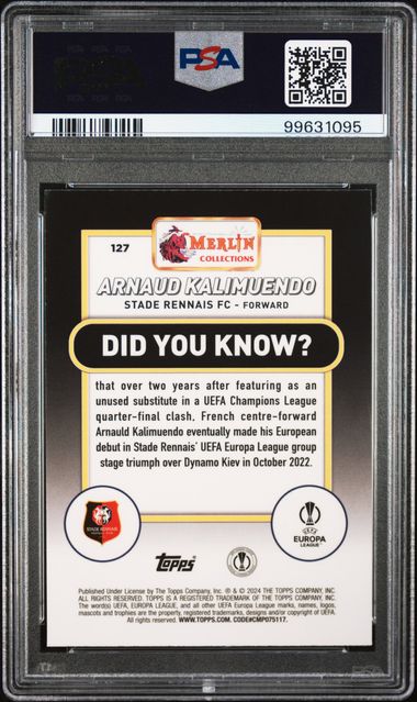 2023-24 TOPPS MERLIN UEFA C.C. ARNAUD KALIMUENDO 127 BLUE REFRACTOR PSA 10 /75