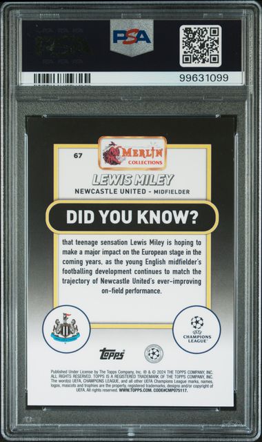 2023-24 TOPPS MERLIN UEFA CLUB COMPETITIONS LEWIS MILEY   67  SPECKLE REFRACTOR PSA MINT 9  /150