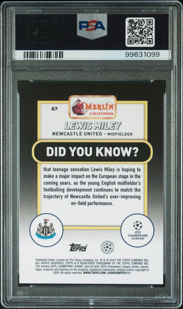 2023-24 TOPPS MERLIN UEFA CLUB COMPETITIONS LEWIS MILEY   67  SPECKLE REFRACTOR PSA MINT 9  /150