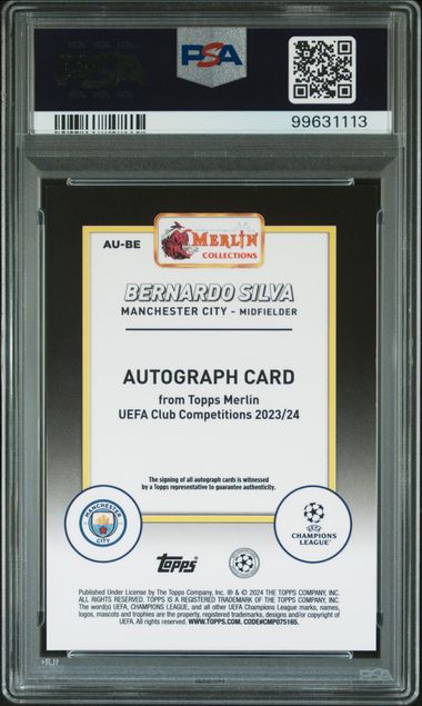 2023-24 TOPPS MERLIN UEFA C.C. AUTOS BERNARDO SILVA  AUBE  BLUE REF. PSA 9 /75