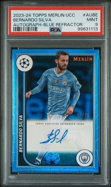 2023-24 TOPPS MERLIN UEFA C.C. AUTOS BERNARDO SILVA  AUBE  BLUE REF. PSA 9 /75