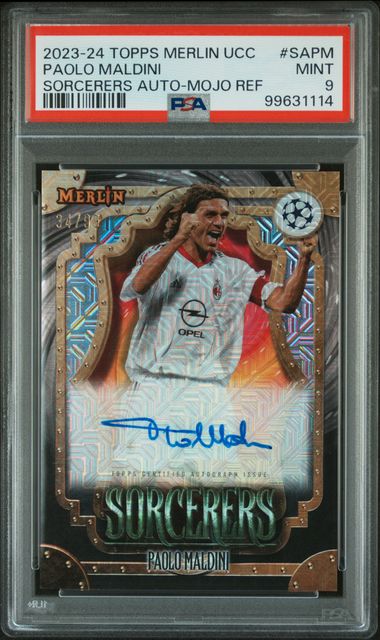 2023-24 TOPPS MERLIN UEFA C.C. SORCERERS AUTOS PAOLO MALDINI MOJO REF PSA 9 /99