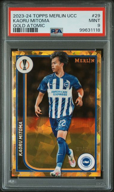 2023-24 TOPPS MERLIN UEFA CLUB COMPETITIONS KAORU MITOMA   29  GOLD ATOMIC PSA MINT 9  /50