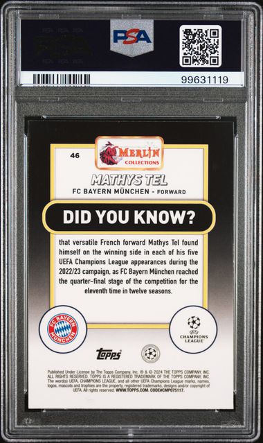 2023-24 TOPPS MERLIN UEFA CLUB COMPETITIONS MATHYS TEL   46  ATOMIC PSA MINT 9  /250