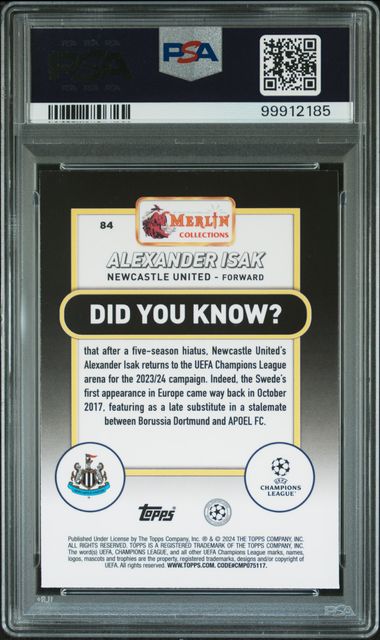 2023-24 TOPPS UEFA CC ALEXANDER ISAK #84 SPECKLE REFRACTOR PSA 9 /150