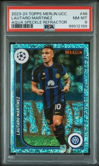 2023-24 TOPPS MERLIN UEFA CLUB COMPETITIONS LAUTARO MARTINEZ   48  AQUA SPECKLE REFRACTOR PSA NM-MT 8  /199