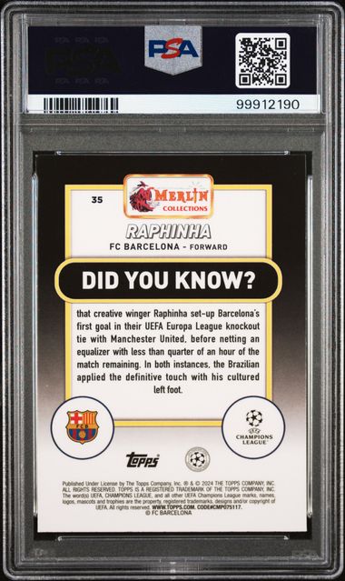 2023-24 TOPPS MERLIN UEFA CLUB COMPETITIONS RAPHINHA   35  ATOMIC PSA NM-MT 8  /250