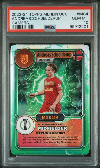 2023-24 TOPPS MERLIN UEFA C.C. MERLIN'S GAMERS ANDREAS SCHJELDERUP MG4 PSA 10