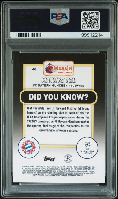 2023-24 TOPPS MERLIN UEFA C.C. MATHYS TEL 46 ROSE GOLD SHIMMER PSA 10 /299
