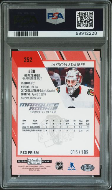 2023 O-PEE-CHEE PLATINUM JAXSON STAUBER   252  RED PRISM PSA GEM MT 10  /199