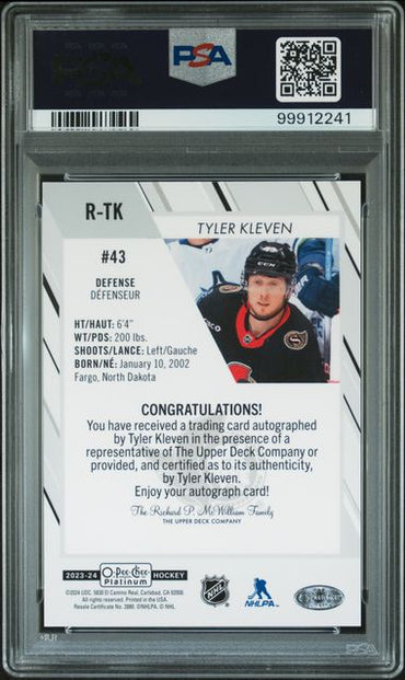 2023 O-PEE-CHEE PLATINUM ROOKIE AUTOGRAPHS TYLER KLEVEN   RTK   PSA MINT 9