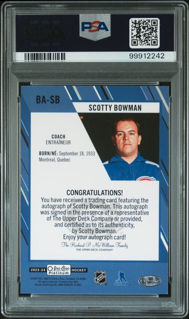 2023 O-PEE-CHEE PLATINUM BLUE RAINBOW AUTOGRAPHS SCOTTY BOWMAN   BASB   PSA MINT 9
