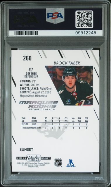 2023 O-PEE-CHEE PLATINUM BROCK FABER   260  SUNSET PSA GEM MT 10